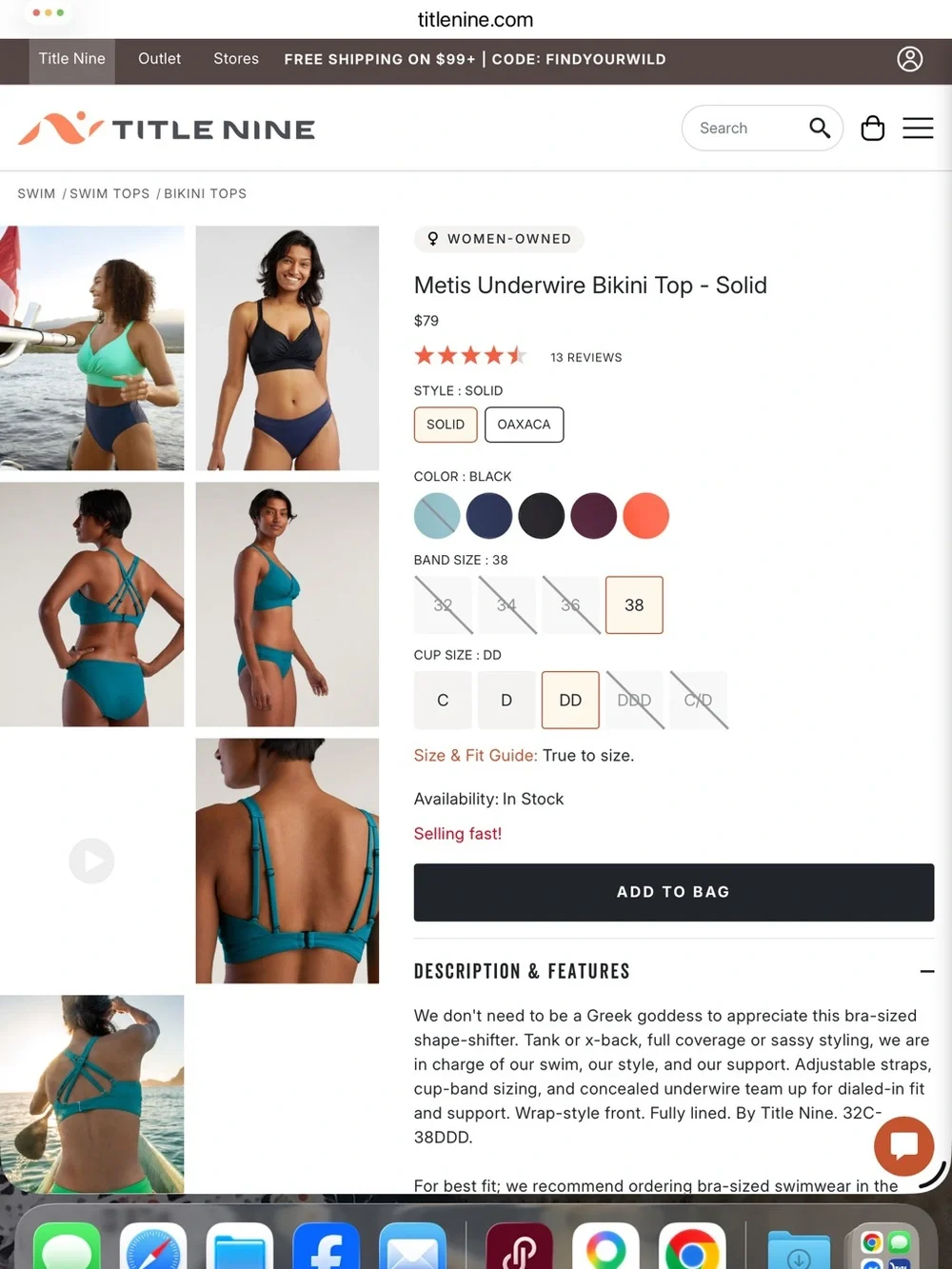 Title Nine Metis Underwire Bikini Top in 38DD